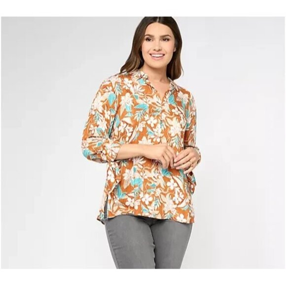 Susan Graver Woven Jacquard A-Line Button-Front Shirt Copper/Teal 2XS A610482 - Picture 1 of 3